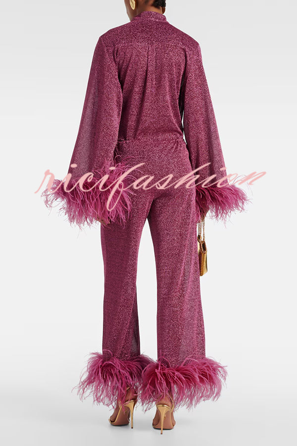 Glitter Fabric Feather Trim Long Sleeve Button Top and Elastic Waist Loose Straight Pants Set