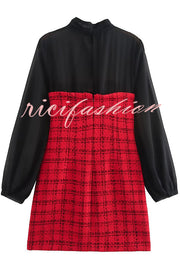 Festive Elegance Tulle Plaid Tweed Patchwork Balloon Sleeve Mini Dress