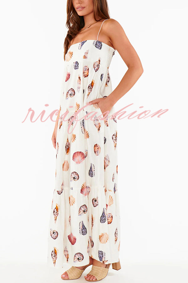 Long Weekend Linen Blend Shells Unique Print Smocked Pocket Lightweight Maxi Dress