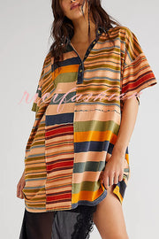 Contrast Striped Patchwork Denim Lapel Loose Casual Mini Dress