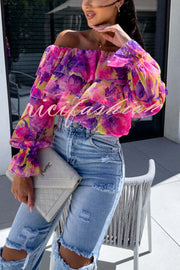 Colorful Botanical Print Sexy Off-shoulder Ruffle Top