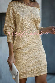 Solid Sequined Off-shoulder Loose Mini Dress