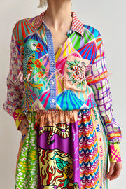 You Make Me Wonder Satin Colorful Unique Print Button Down Oversized Blouse