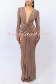 Solid Color Shiny Sexy V-neck Long Sleeve Ribbon Slit Slim Fit Maxi Dress