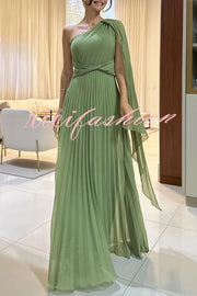 Kate Pleated One Shoulder Drape Sleeve Twist Waist Maxi Dress