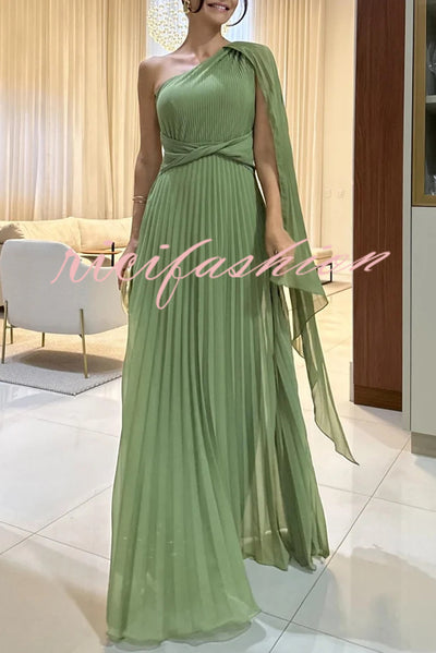 Kate Pleated One Shoulder Drape Sleeve Twist Waist Maxi Dress