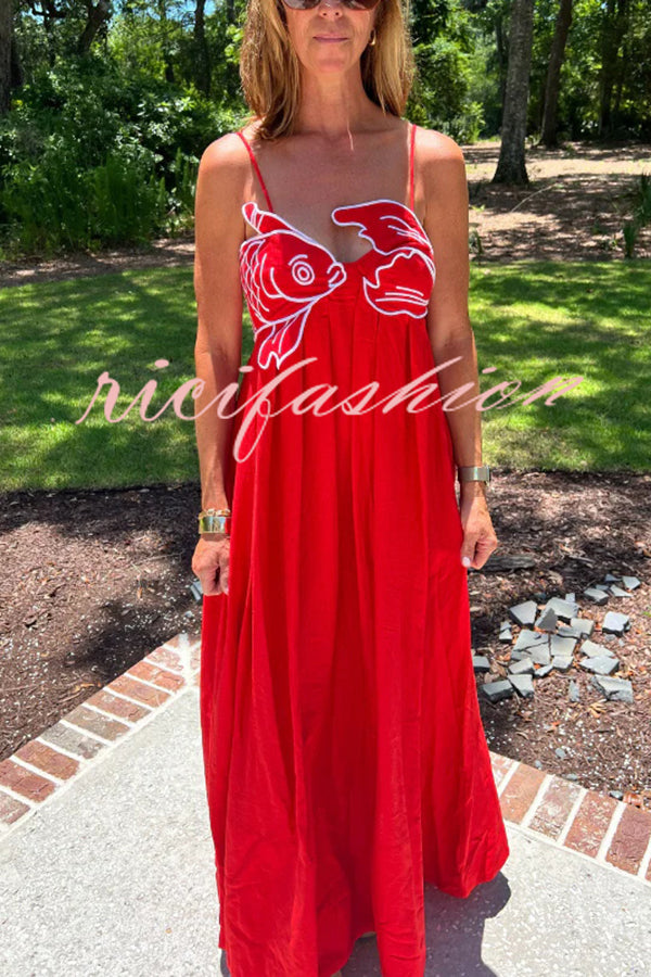 Red Fish Embroidered Sling Backless Maxi Dress