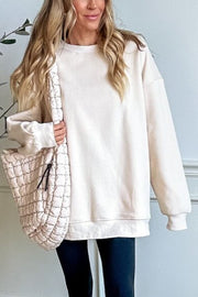 Solid Color Round Neck Pocket Loose Warm Long Sleeve Sweatshirt