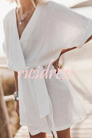 Breezy Retreat Cotton Linen Blend Pocketed Belt Kimono Mini Dress