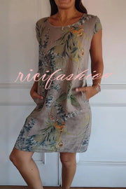 Botanical Print Linen Blend Crew Neck Short Sleeve Pocket Mini Dress