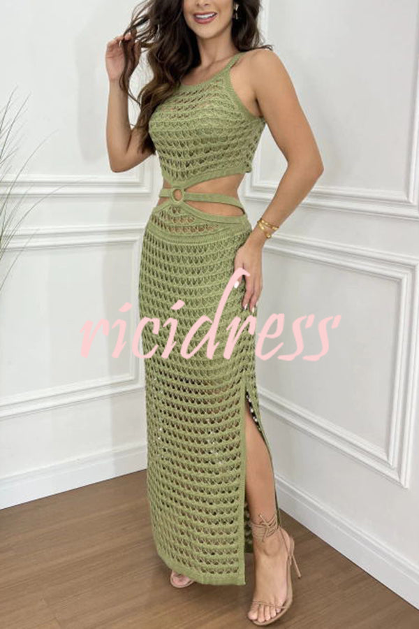 Stunning Gaze Knit Texture Ring Side Waist Cutout Stretch Maxi Dress