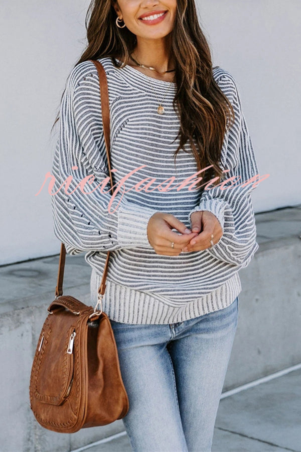 Knitted Striped Round Neck Dolman Sleeve Casual Loose Sweater