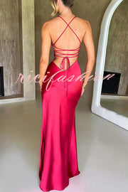 Satin Solid Color Sexy Backless Lace Up High Slit Maxi Dress