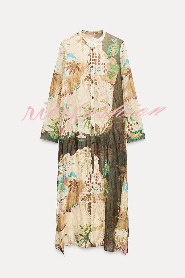 Cayla Linen Blend Unique Print Button Long Sleeve Shirt Midi Dress