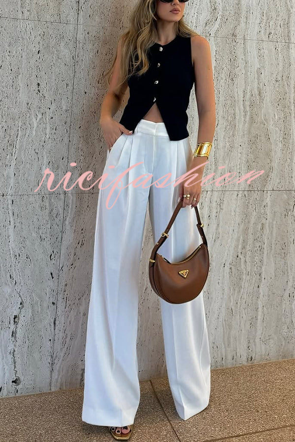 Solid Color Waist Pocket Loose Wide Leg Pants