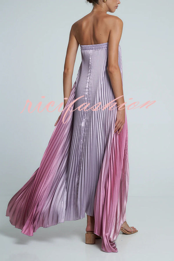 Gorgeous Styling Satin Pleated Elastic Bust Strapless A-line Gown Maxi Dress