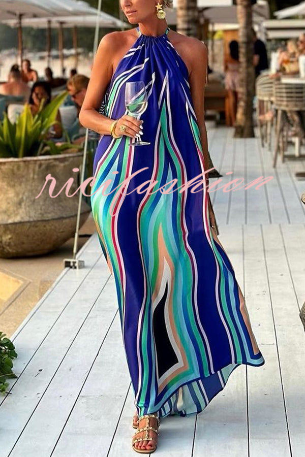 Phuket Dinner Colorful Wave Print Tassel Halter Maxi Dress