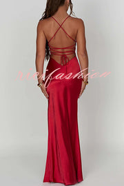 Satin Solid Color Sexy Backless Lace Up High Slit Maxi Dress