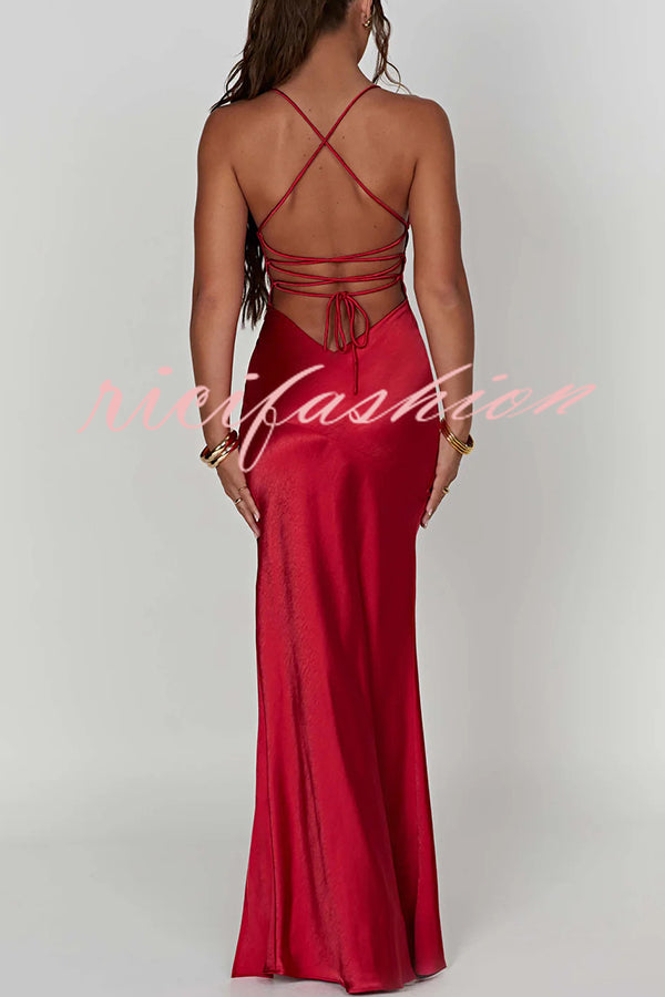 Satin Solid Color Sexy Backless Lace Up High Slit Maxi Dress