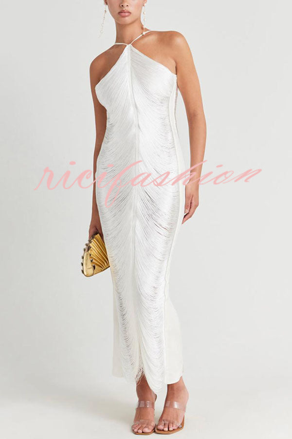 Sexy Allnight Metallic Halterneck Backless Fringed Slit Maxi Dress