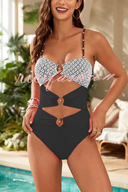 Fashionable Splicing Spaghetti Strap Metal Buckle One-piece Swimsuit