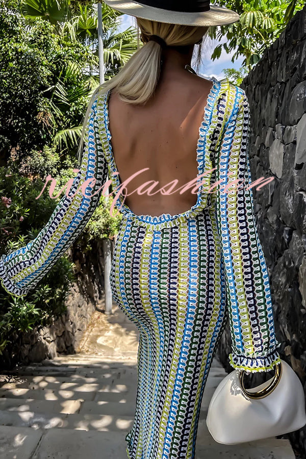 Ruffled Backless Long-sleeved Wavy Striped Beach Resort Maxi Dress