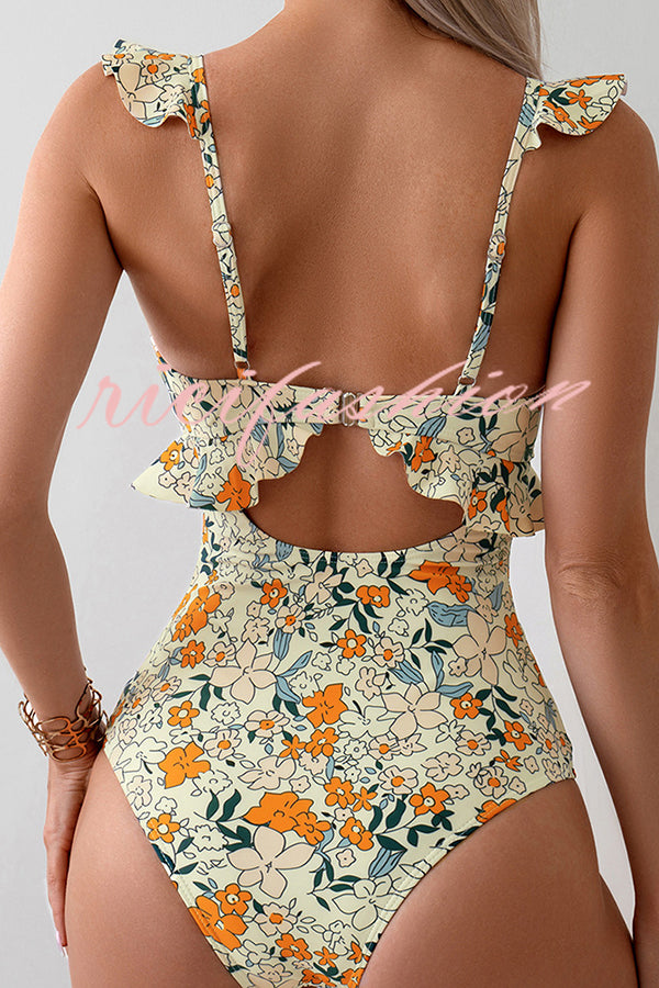 Floral Print Ruffled Stretch One-piece Swimsuit