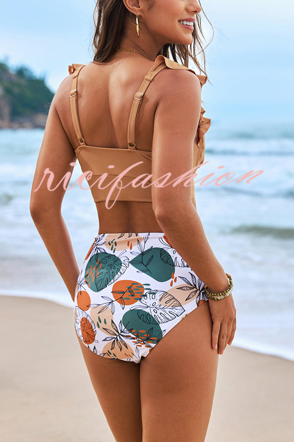 Botanical Print Ruffled Two-piece Stretch Bikini Swimsuit