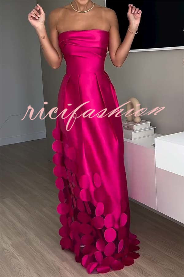 Luxurious Poise Satin Spliced mesh Polka-dot Fabric Off Shoulder Formal Maxi Dress