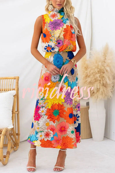 Land of Beauty Floral Print Halter Neck Elastic Waist Party Maxi Dress