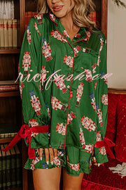 Christmas Dreaming Satin Nutcrackers Print Velvet Trim Elastic Waist Pocketed Pajama Shorts Set