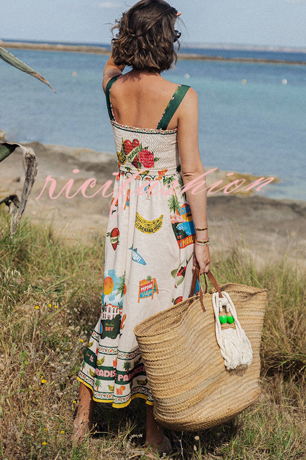 Summer Vibes Linen Blend Unique Print Smocked Belt Midi Dress