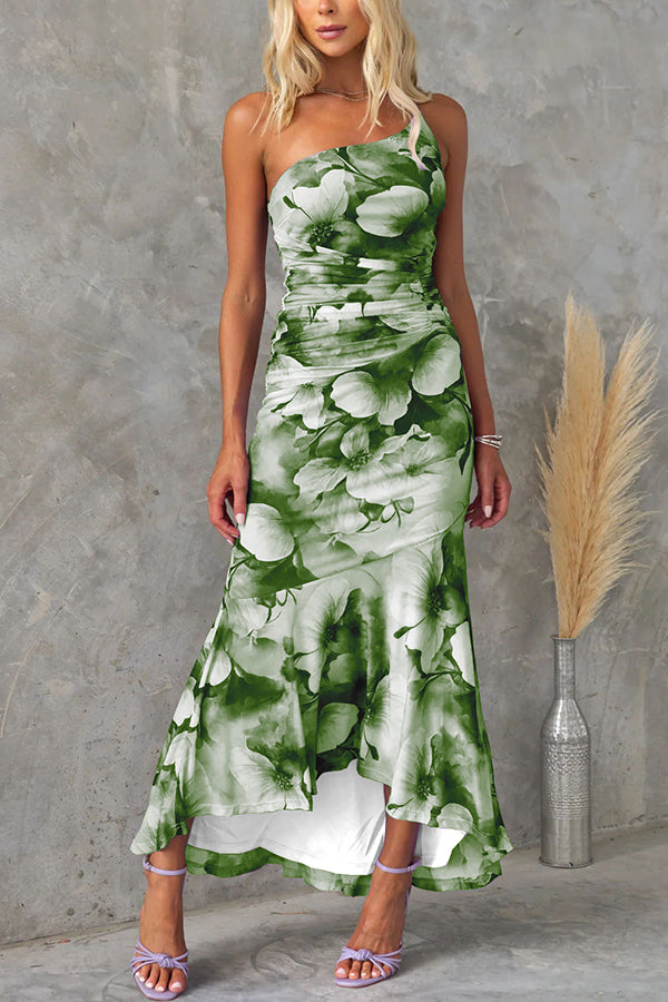 Deja Mesh Overlay Floral Print One Shoulder Ruched Stretch Maxi Dress