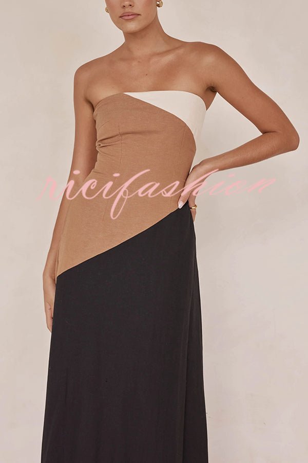 Calissa Asymmetrical Colour Block Strapless Pocketed A-line Maxi Dress