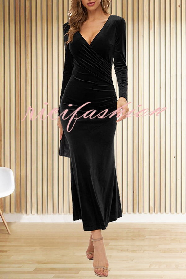 Solid Color Velvet Long Sleeve V-neck Slim Fit Fishtail Maxi Dress