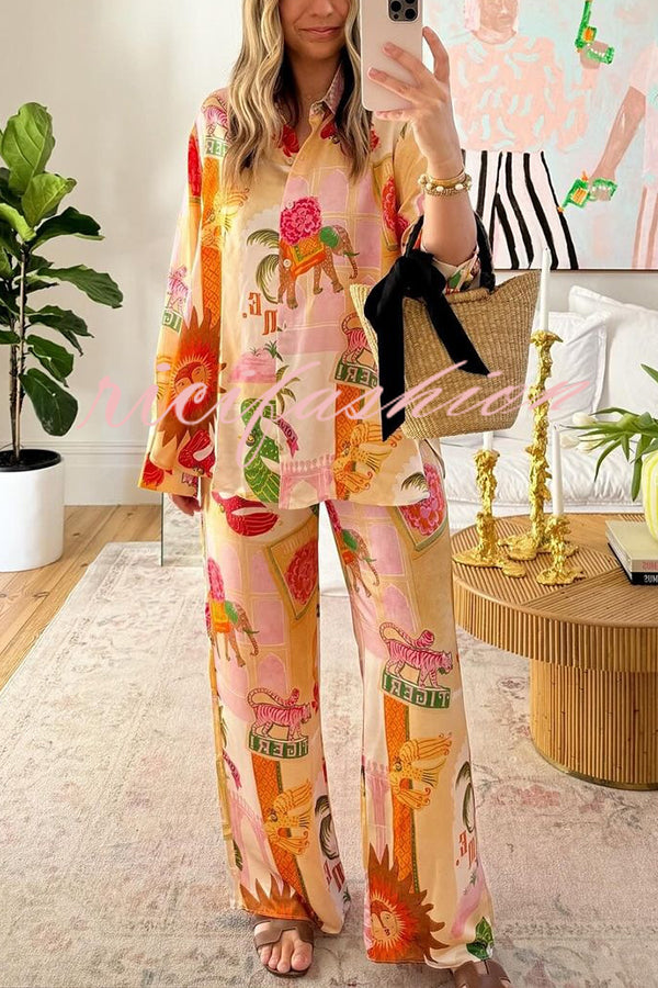 Unique Printed Casual Long Sleeved Shirt Top and Elastic Waist Loose Pants Sets