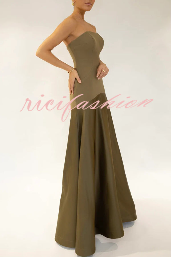 Timeless Elegance Satin Patchwork Strapless Flare Gown Maxi Dress