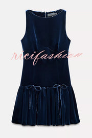 Solid Velvet Bow Embellished Sleeveless Mini Dress