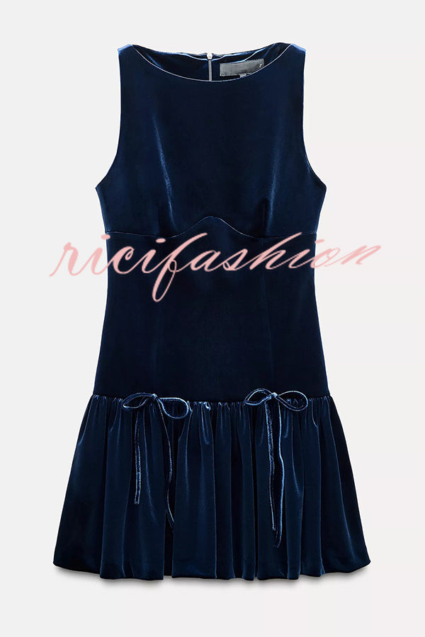 Solid Velvet Bow Embellished Sleeveless Mini Dress