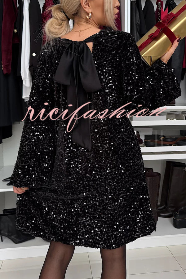 Velvet Sequin Back Bow Bell Sleeves Loose Mini Dress