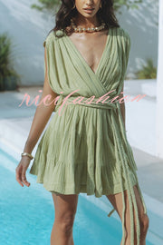 Glimpse of Happiness Linen Blend Draped Braids Belt Cover Up Mini Dress