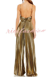 Disco Fashion Metallic Fabric Pleated Pocket Slip Wide Leg Jumpsuit