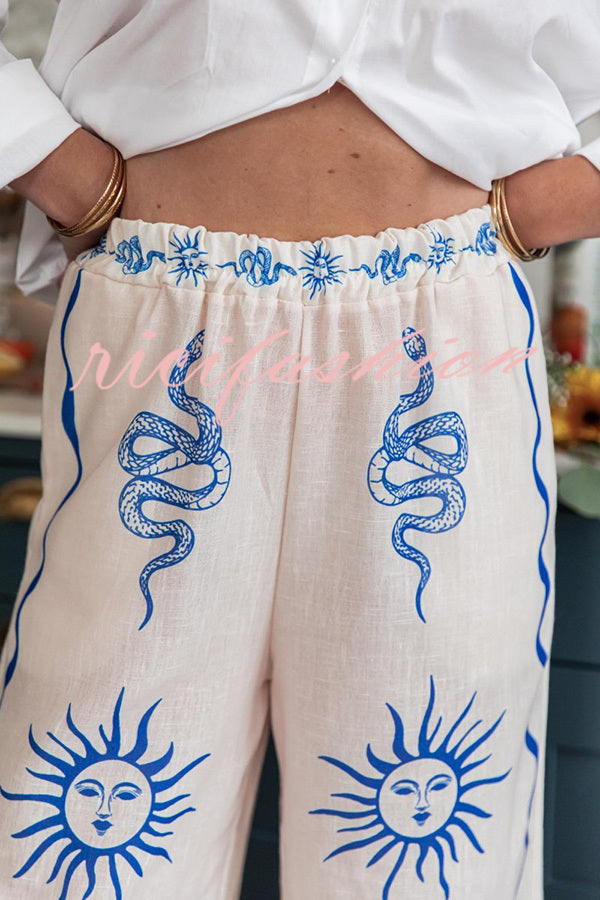 Symbol of Sicily Linen Blend Unique Print Elastic Waist Pocketed Wide Leg Pants