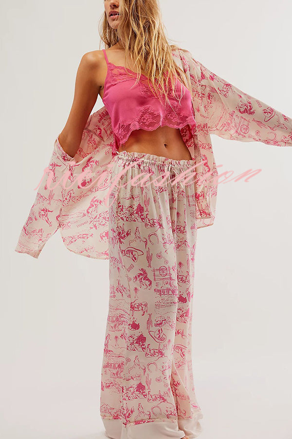 Unique Printed Lounge Long-sleeved Shirt and Elastic Waisted Baggy Pants Set