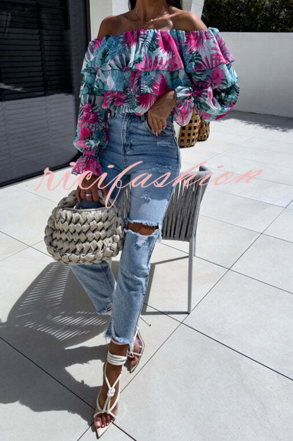 Colorful Botanical Print Sexy Off-shoulder Ruffle Top