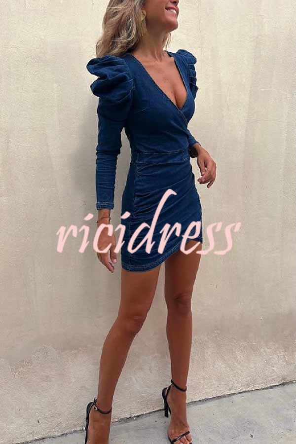 All The Best Denim Puff Sleeve Ruched Stretch Mini Dress