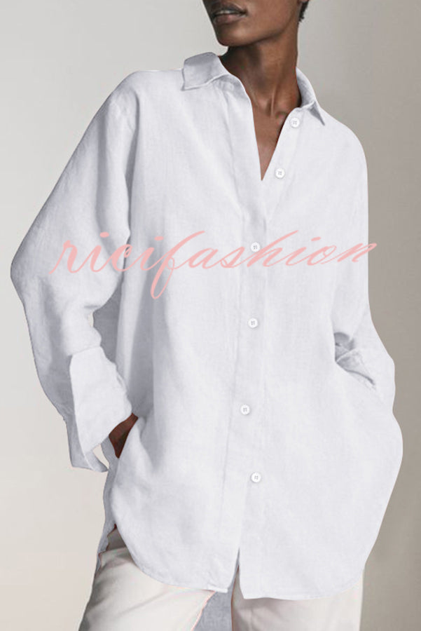 Reality Calling Linen Blend Solid Button Long Sleeve Loose Blouse