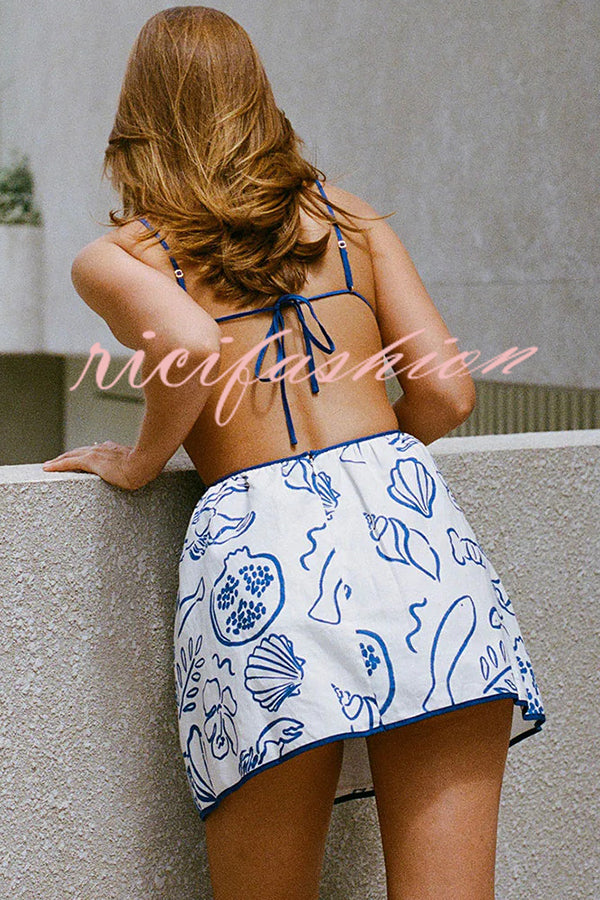 Summer Beach Graphic Print Backless Strappy Mini Dress