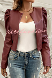 Yelissa Faux Leather Statement Long Sleeve Open Front Crop Jacket