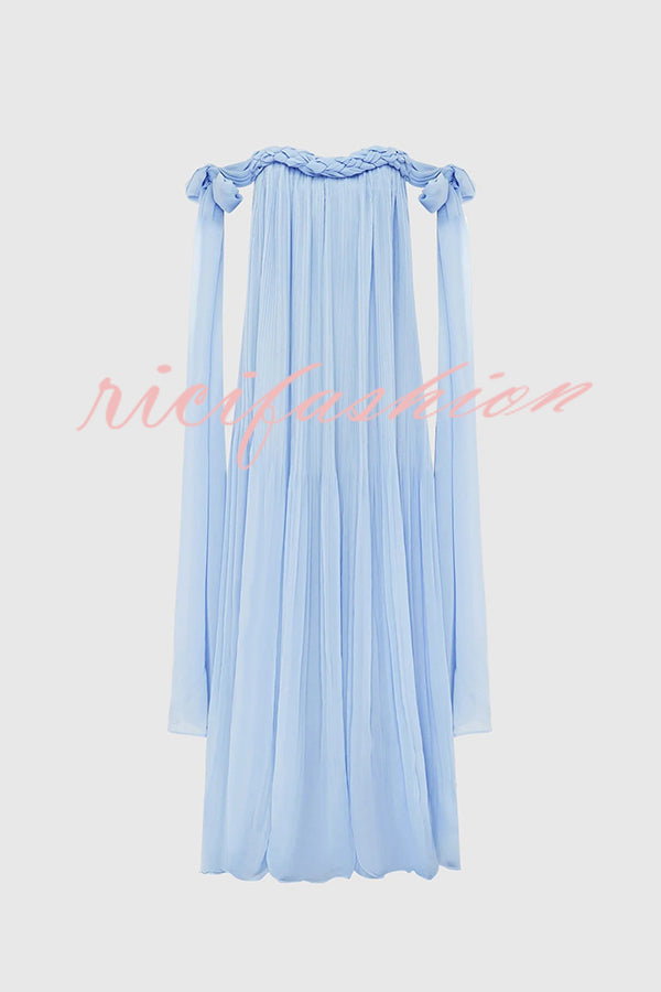 Fairy Spirit Tulle Braided Neckline Tie Arm Straps Pleated Maxi Dress